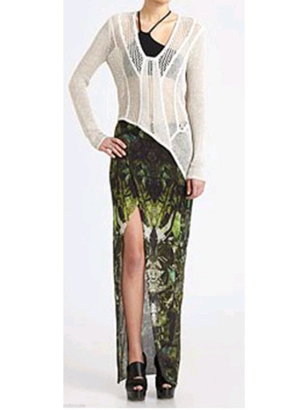 Helmut Lang Forest Print Modal Maxi Skirt Size M Side Slit Lined USA